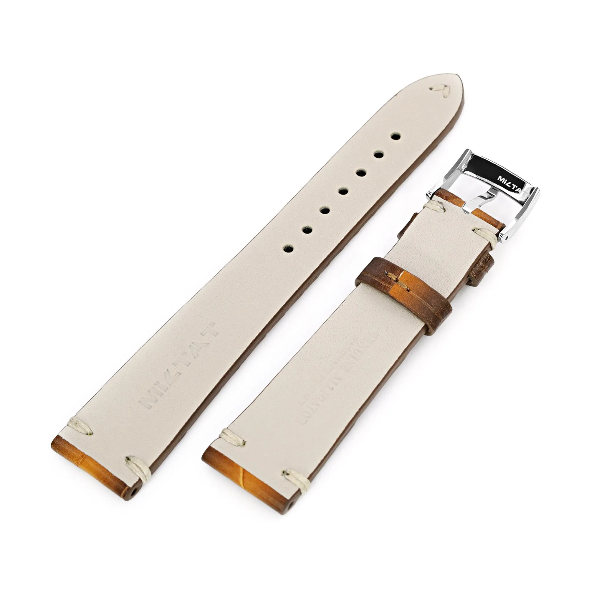 20mm Tan 2 Tone Italian Handmade Alligator Belly Watch Band, Beige Stitching, P Buckle