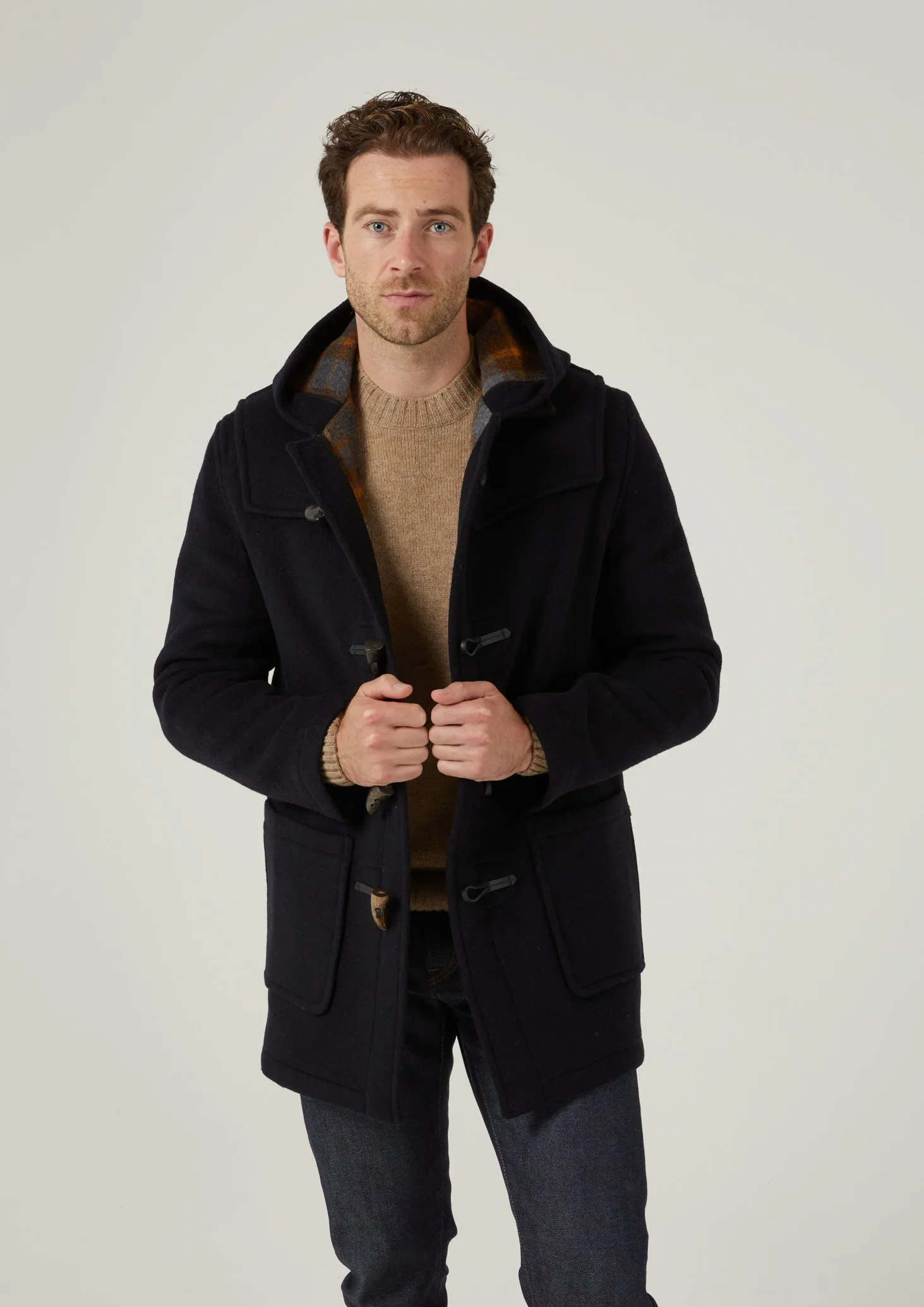 Alcombey Check Back Duffle Coat In Navy