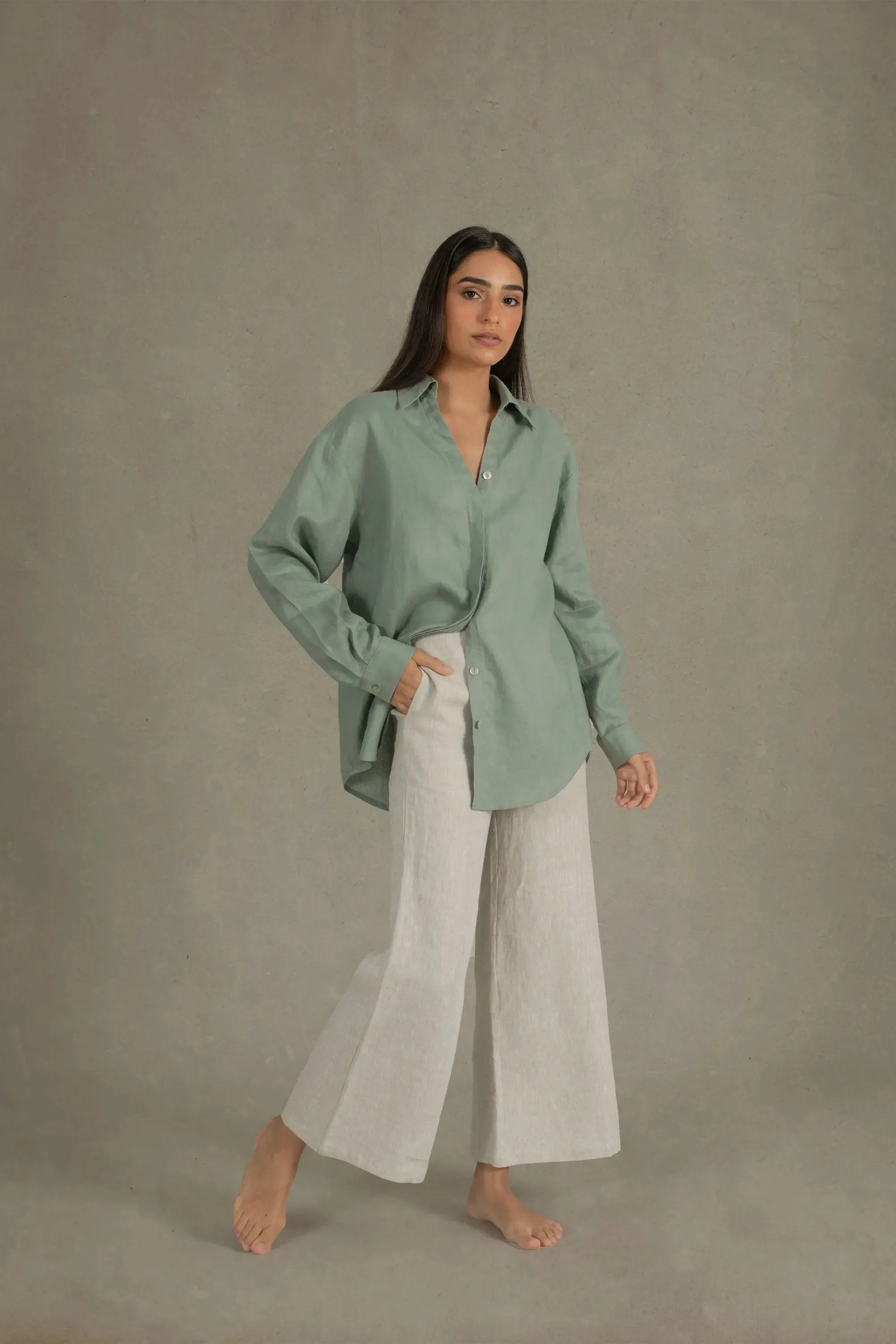 Alix Relaxed Linen Shirt Green Khaki