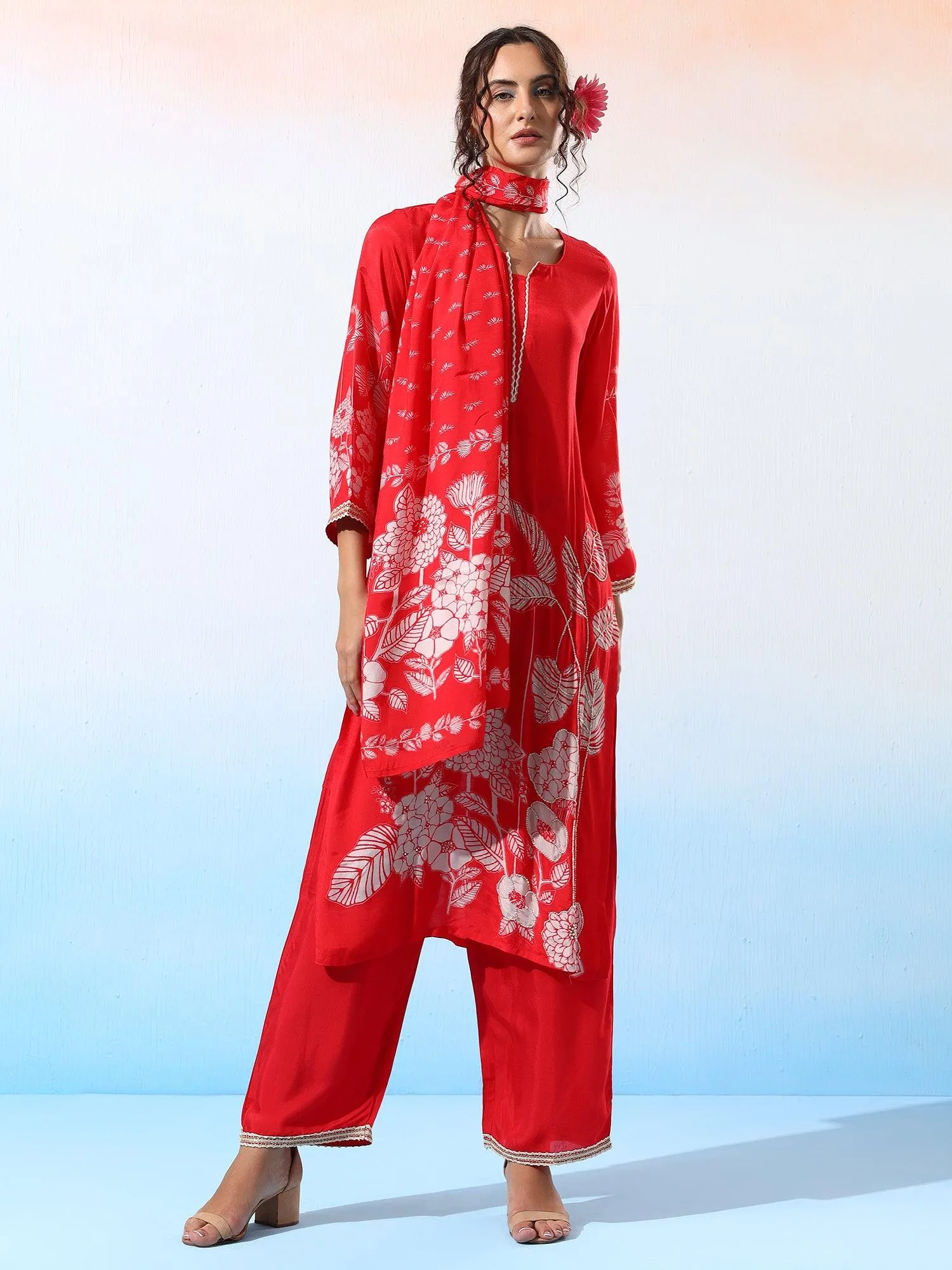 Anwesha Muslin Red & White Printed Kurta Set