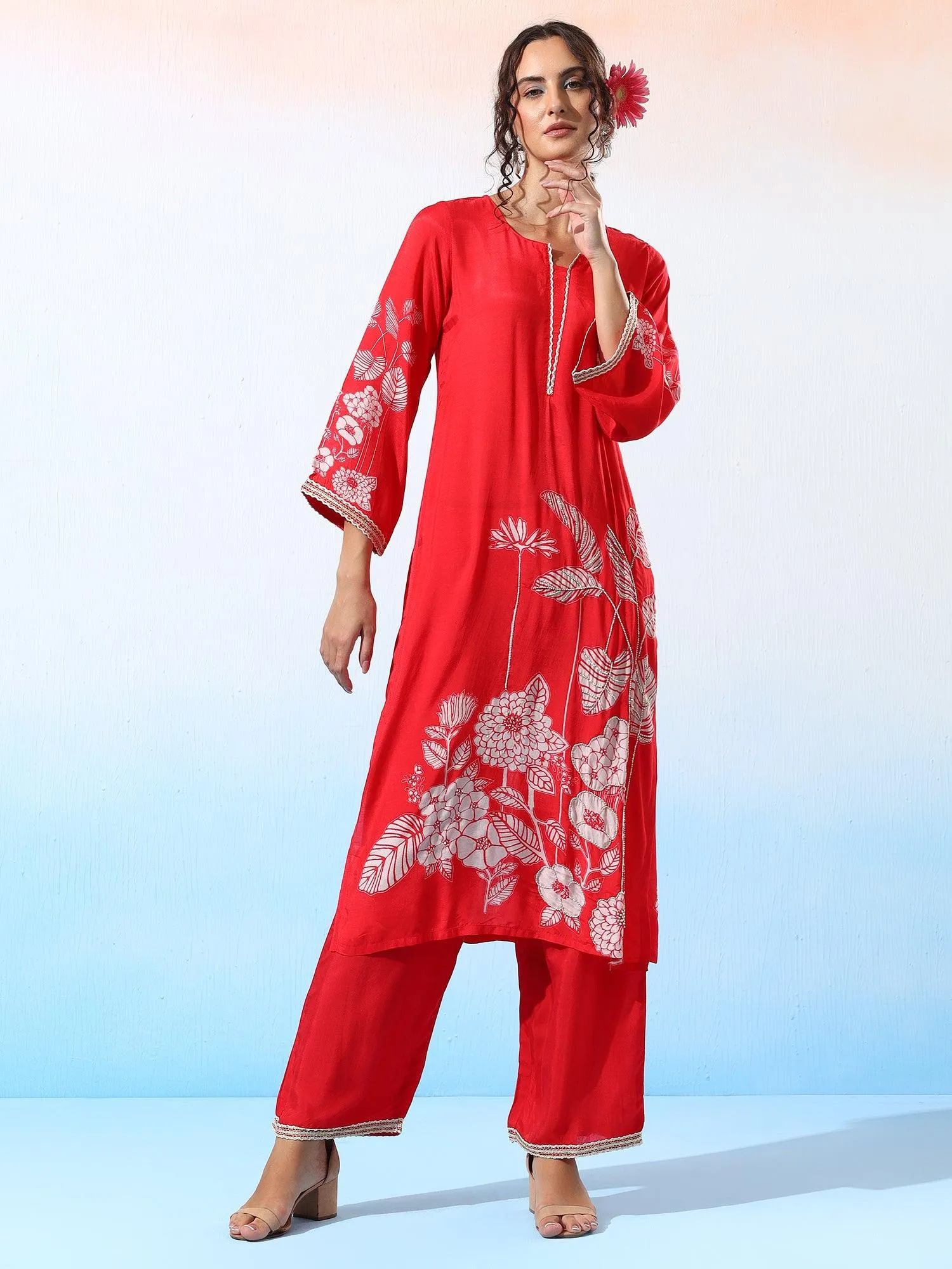 Anwesha Muslin Red & White Printed Kurta Set