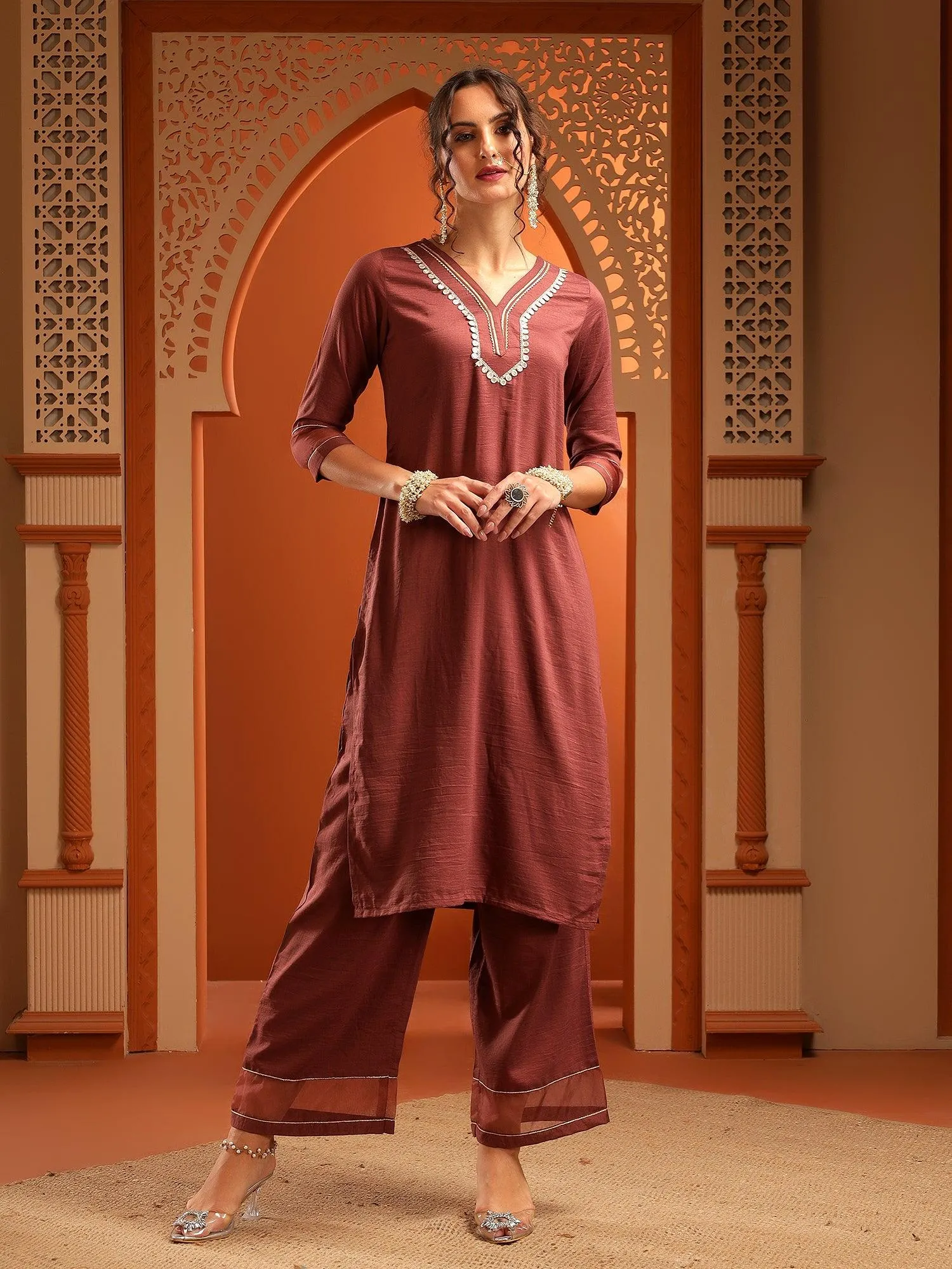 Arya Brown Muslin Yoke Kurta Set