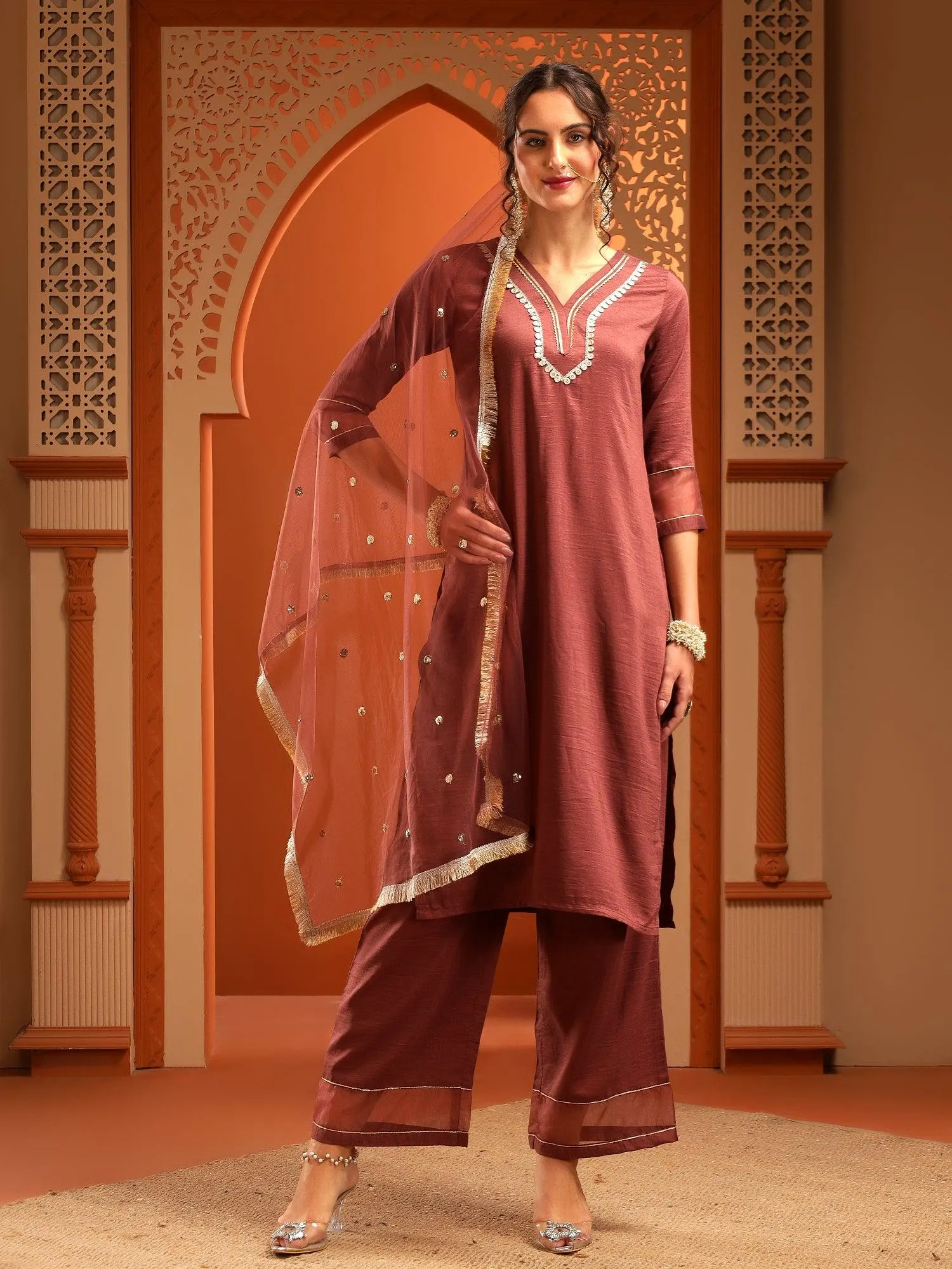 Arya Brown Muslin Yoke Kurta Set