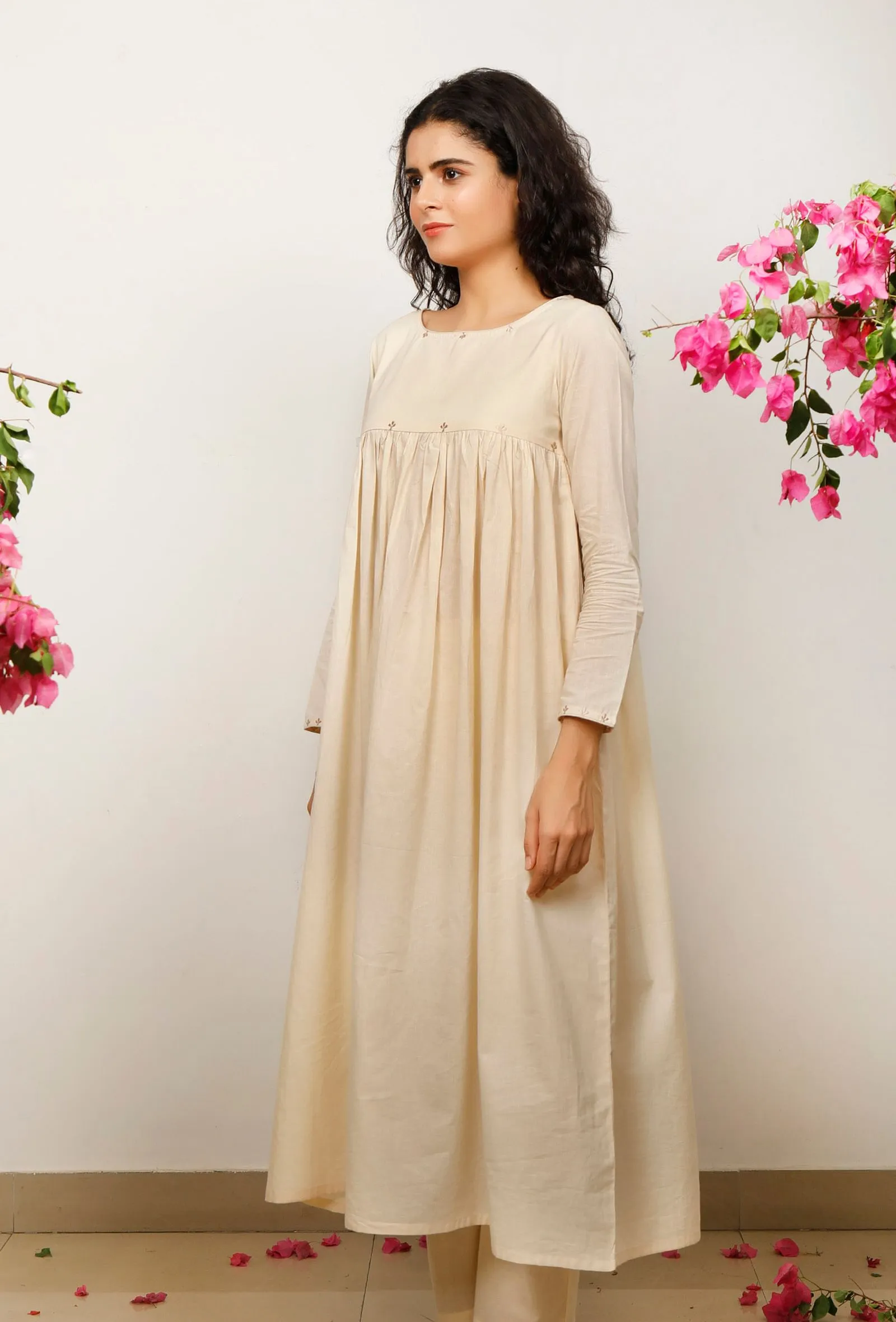 Beige Gathered Cotton Kurta