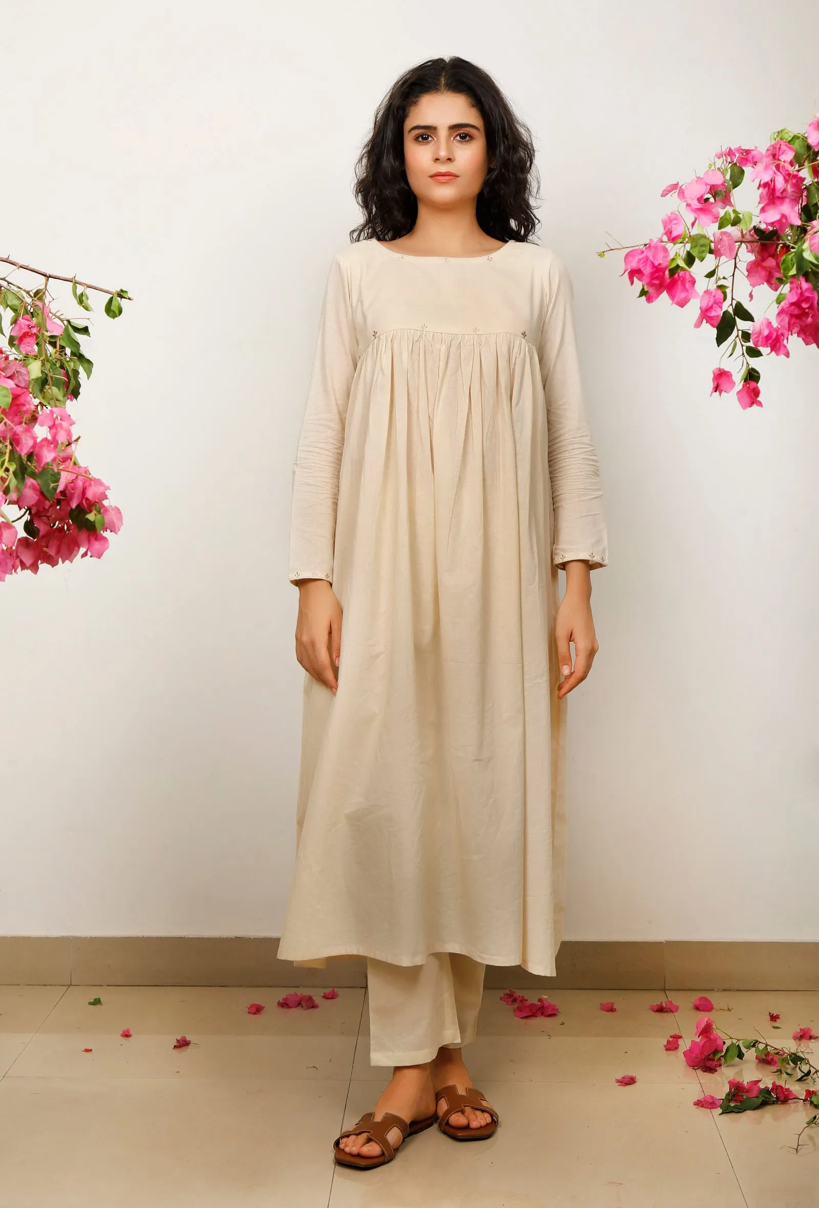 Beige Gathered Cotton Kurta