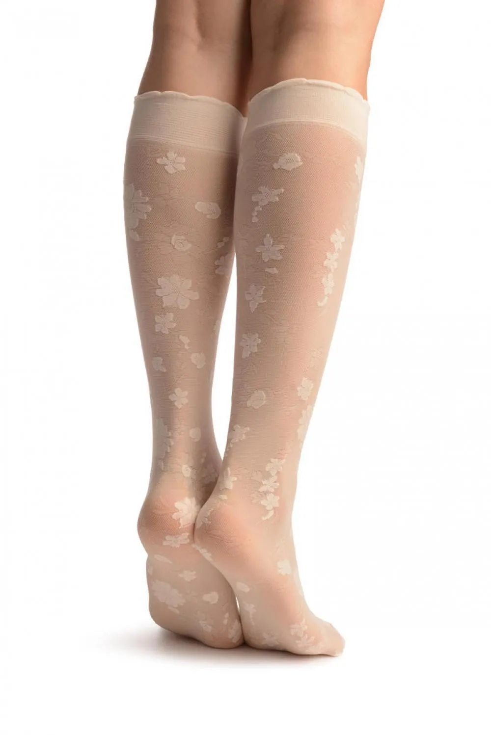 Beige Opaque Flowers On Micro Mesh Knee High Socks