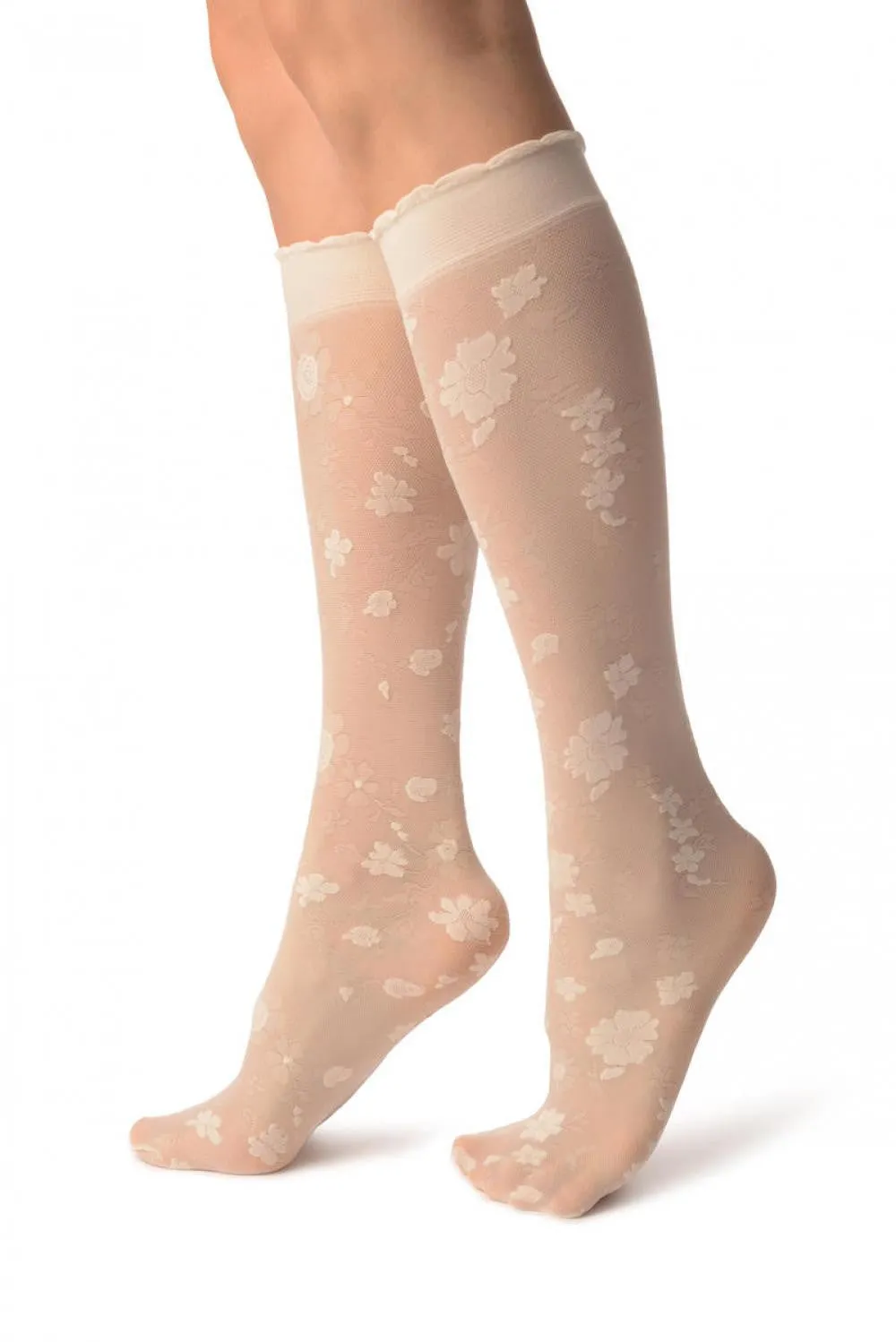 Beige Opaque Flowers On Micro Mesh Knee High Socks