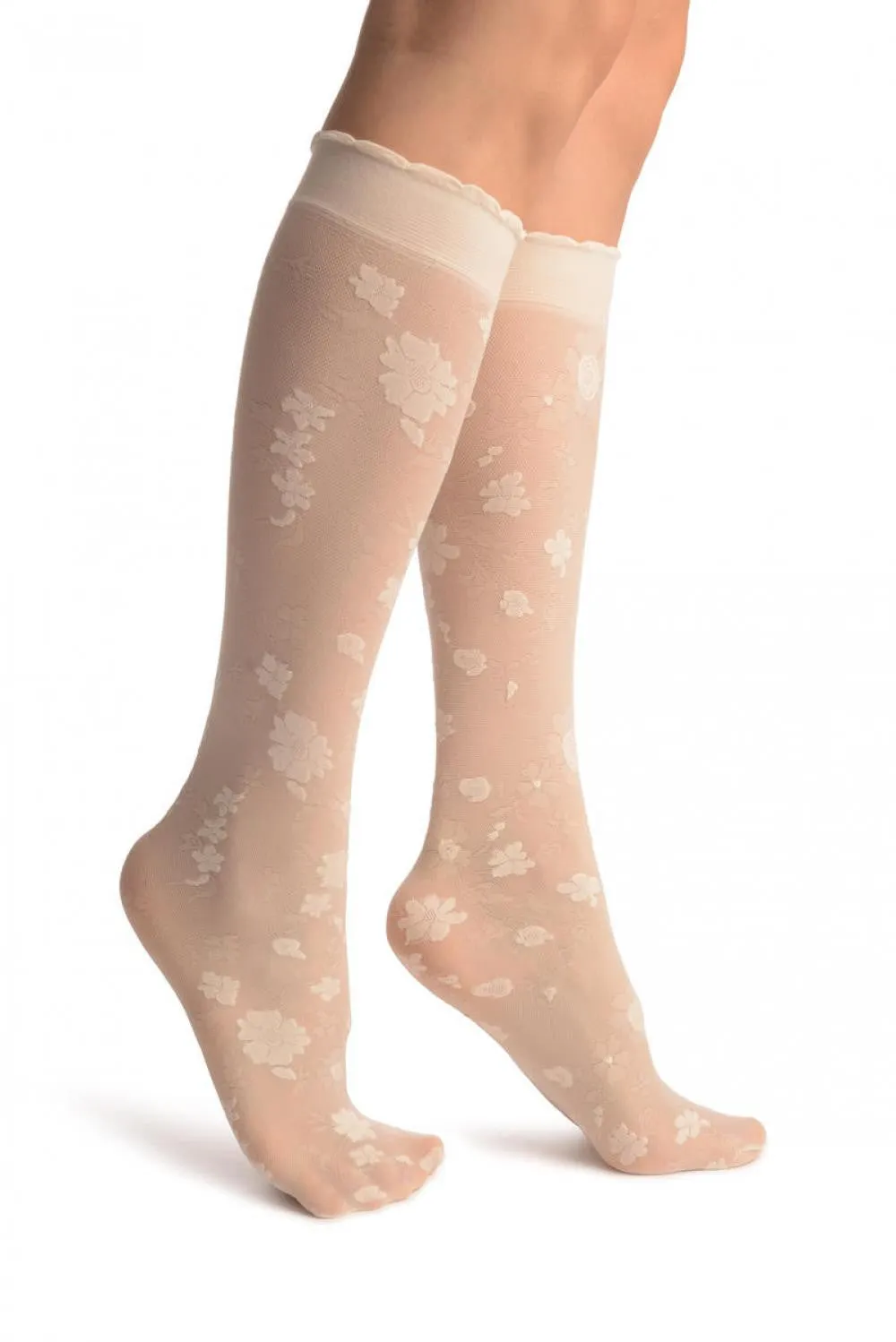 Beige Opaque Flowers On Micro Mesh Knee High Socks