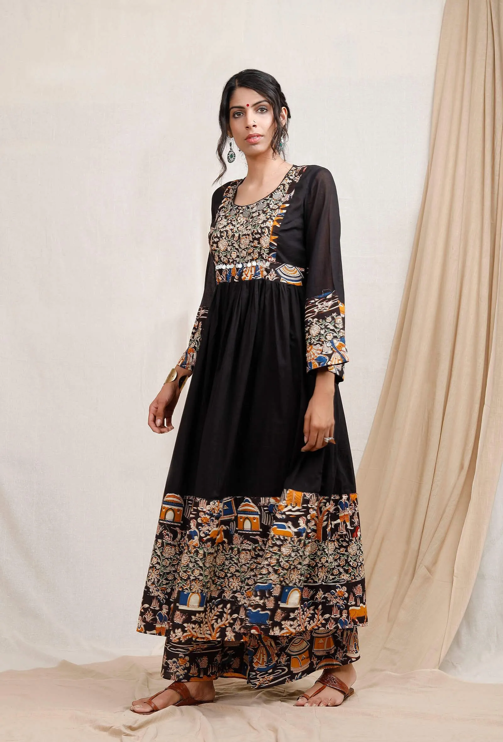 Black Cotton Kurta With Kalamkari Border