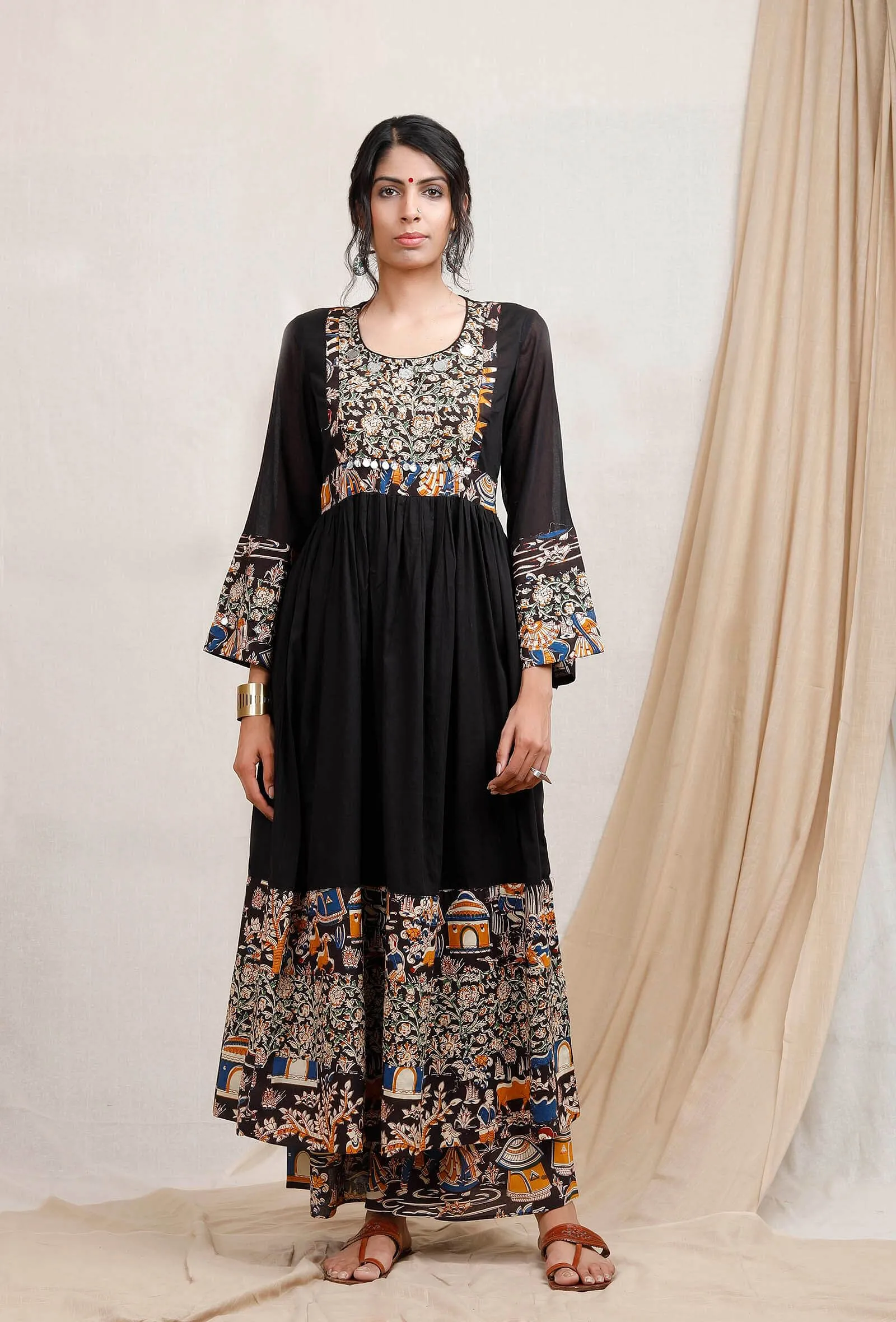 Black Cotton Kurta With Kalamkari Border