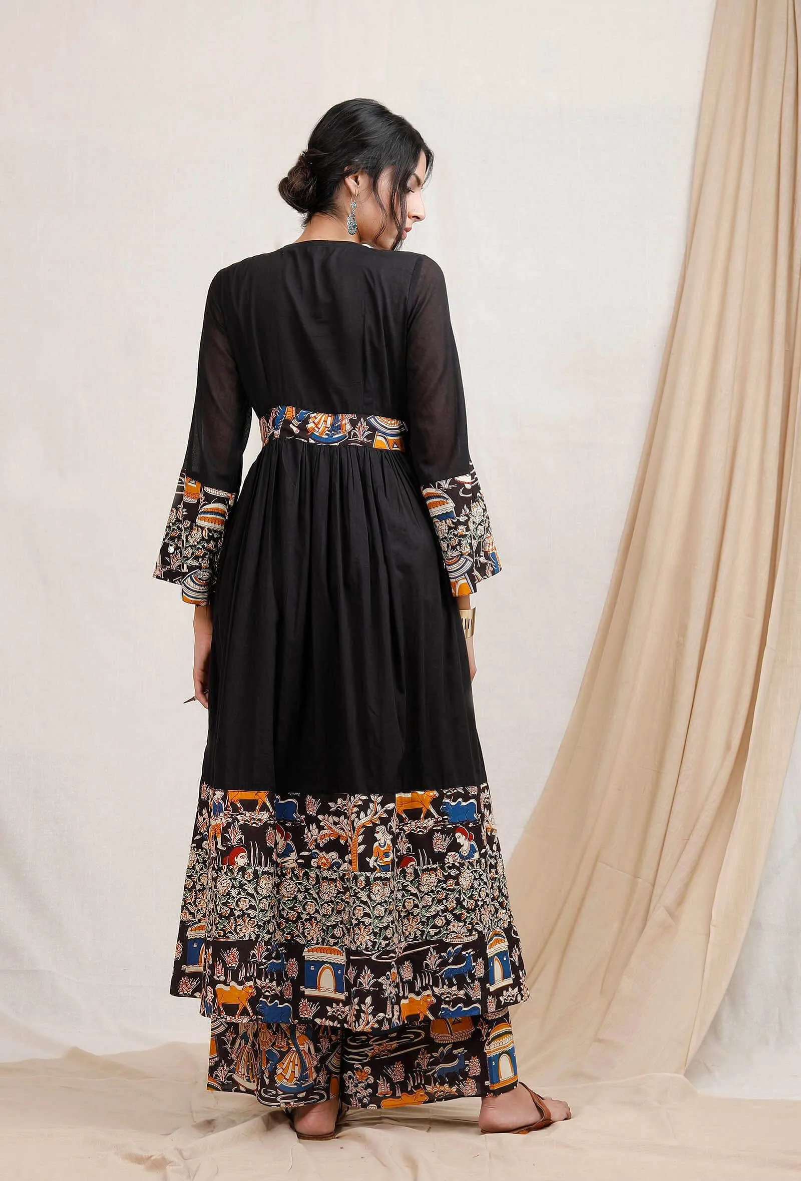 Black Cotton Kurta With Kalamkari Border