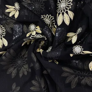 Black Golden Floral Sequins Thread Embroidery Georgette