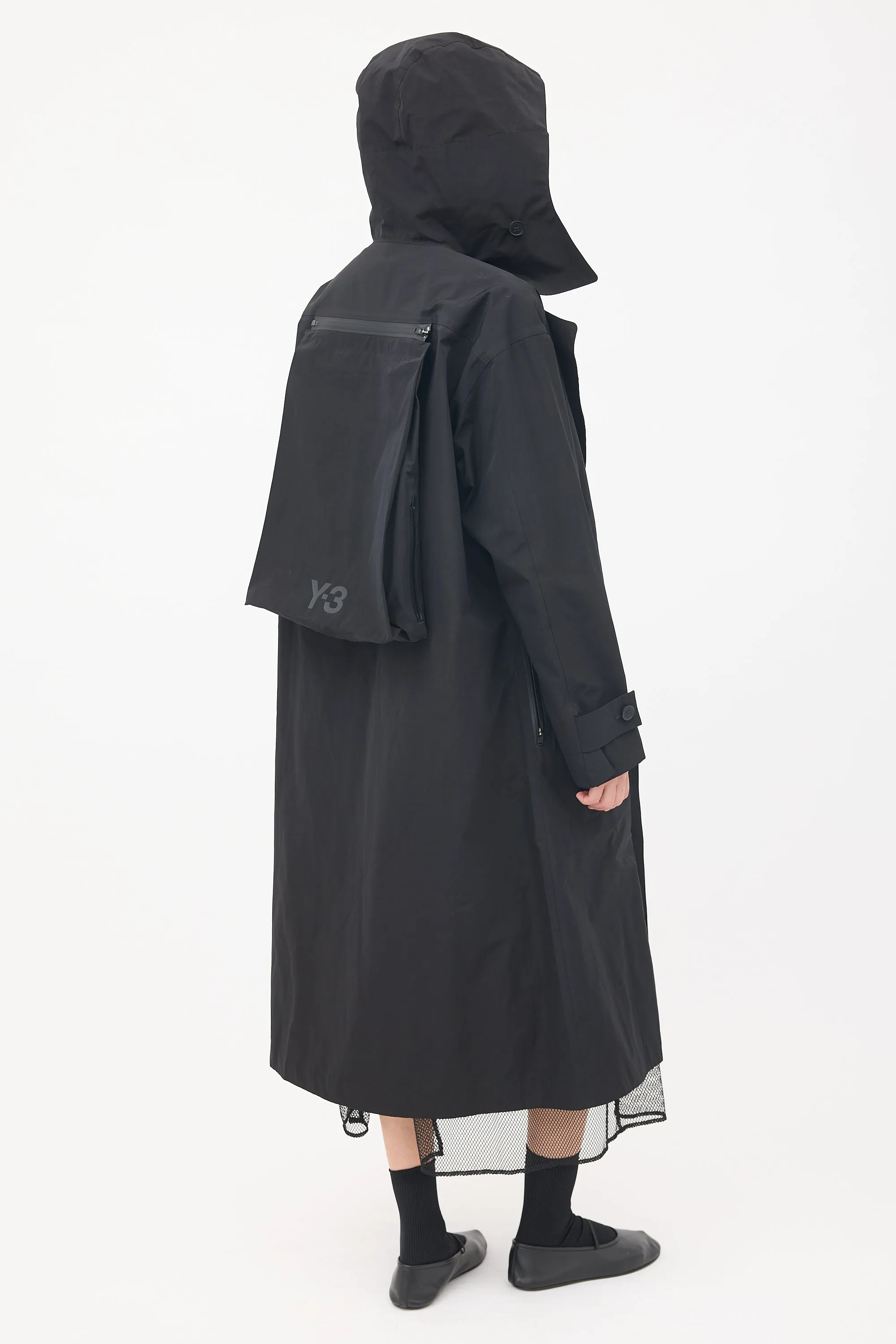 Black Nylon Logo Backpack Trench Coat