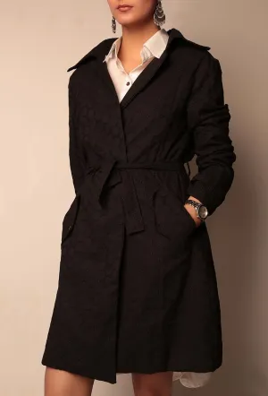 Black Shifley Trench Coat With Metallic Embellishments And Belt