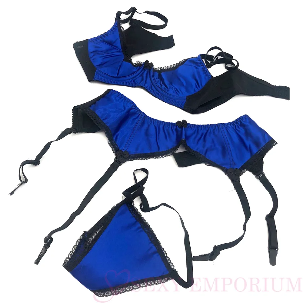 Blue Satin Quarter Cup Bra Lingerie Set