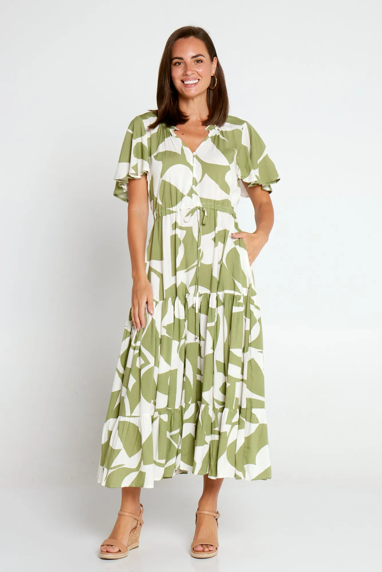 Briony Dress - Soft Khaki/Print