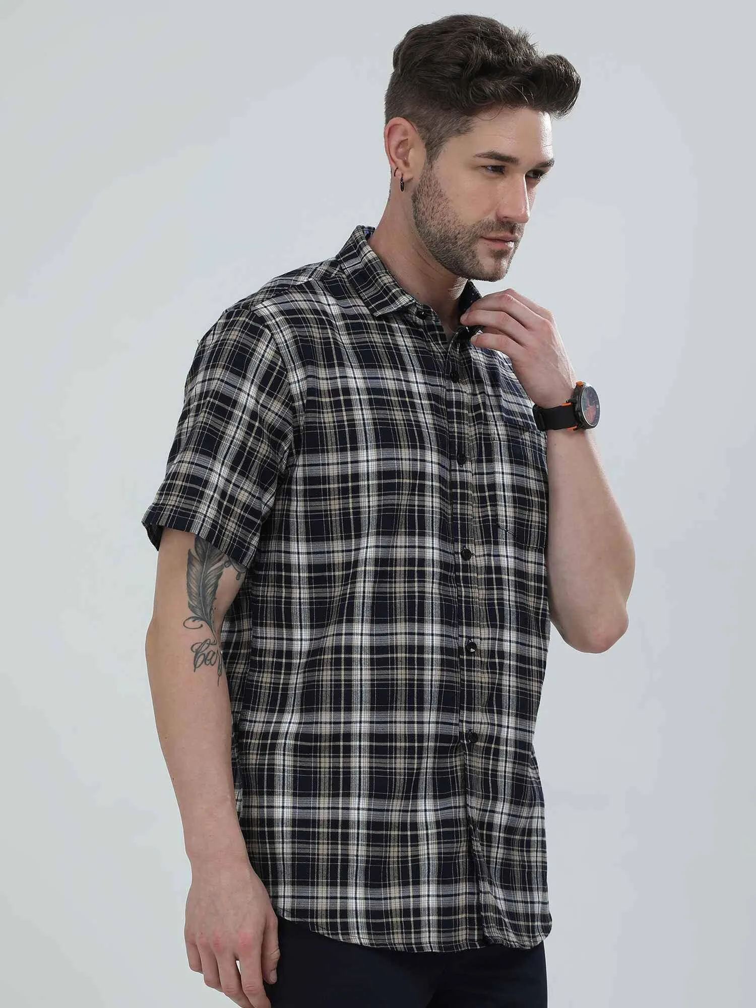 Brown on White Checkered Cotton Half Shirt