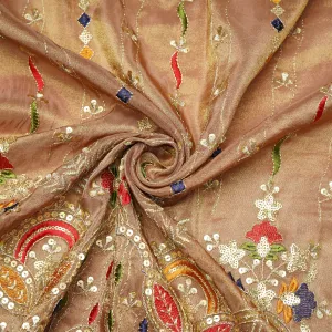 Brown Thread Embroidery Viscose Zari Tissue Fabric 19896