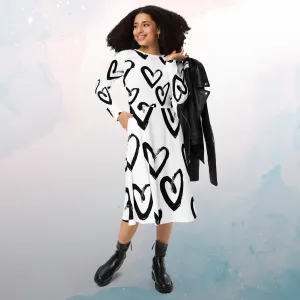 Brush Stroke Hearts Womens Long Sleeve Midi Dress with Pockets