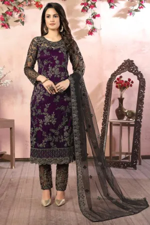 Charming Purple Embroidered Net Pant Style Suit