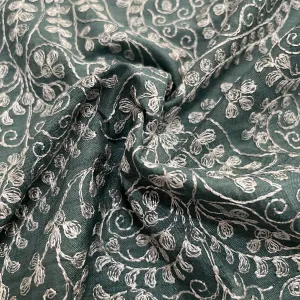 Classic Dark Sage Green Floral Thread Embroidery Bemberg Silk Fabric