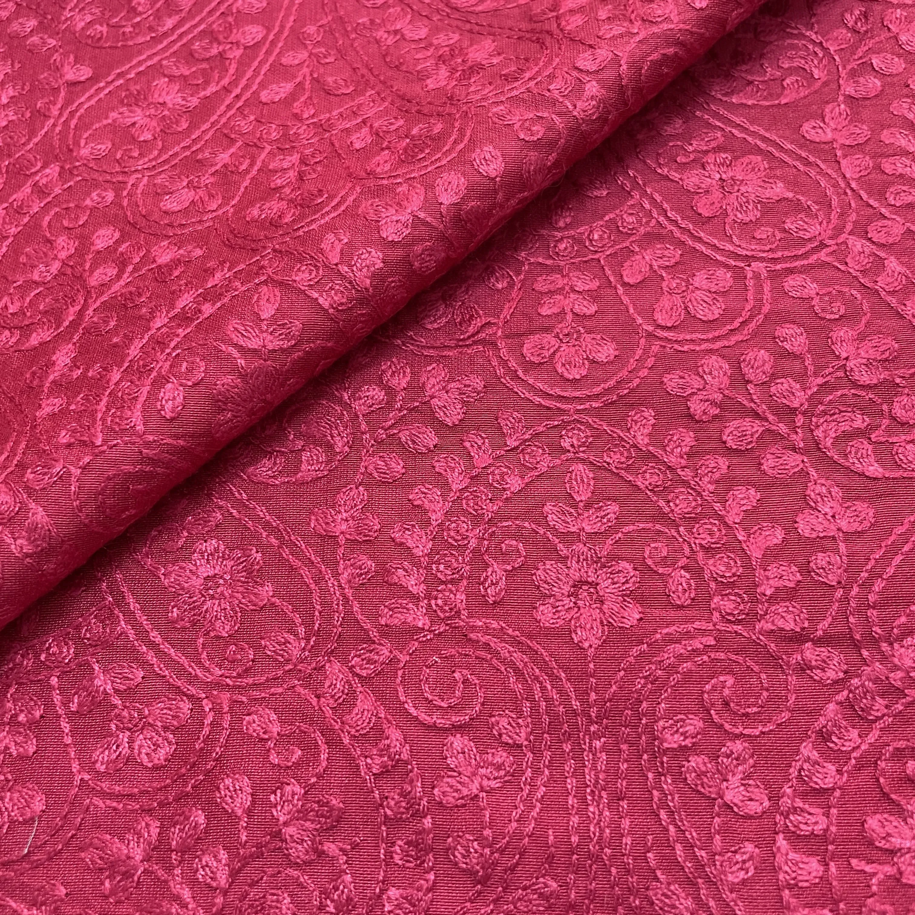 Classic Magenta Pink Traditional Thread Embroidery Bemberg Silk Fabric