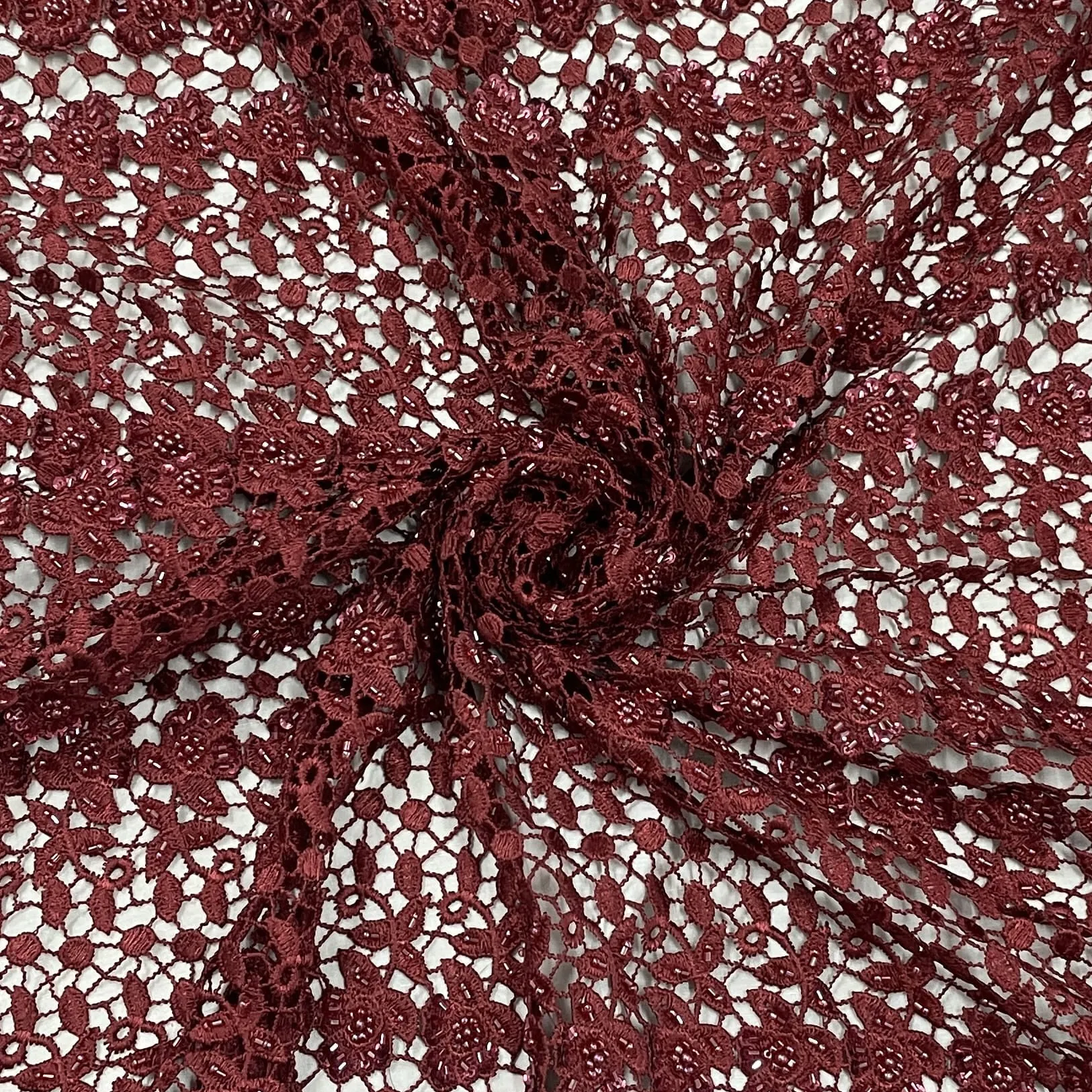 Classic Maroon Floral Pearl Embroidery Crochet Fabric