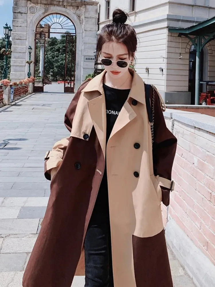 Color Block Double-Breasted Trench Coat