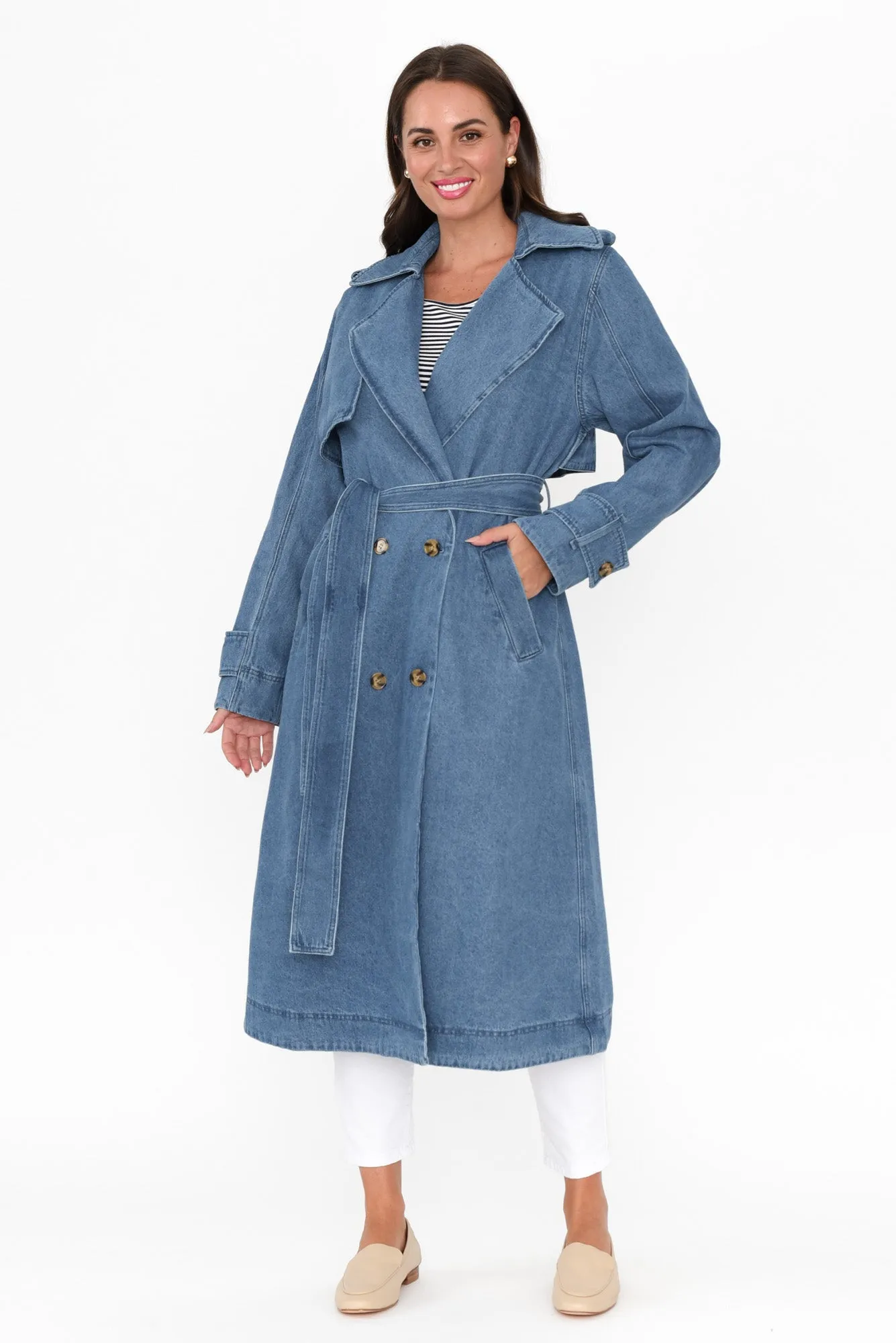 Elsie Mid Blue Denim Trench Coat