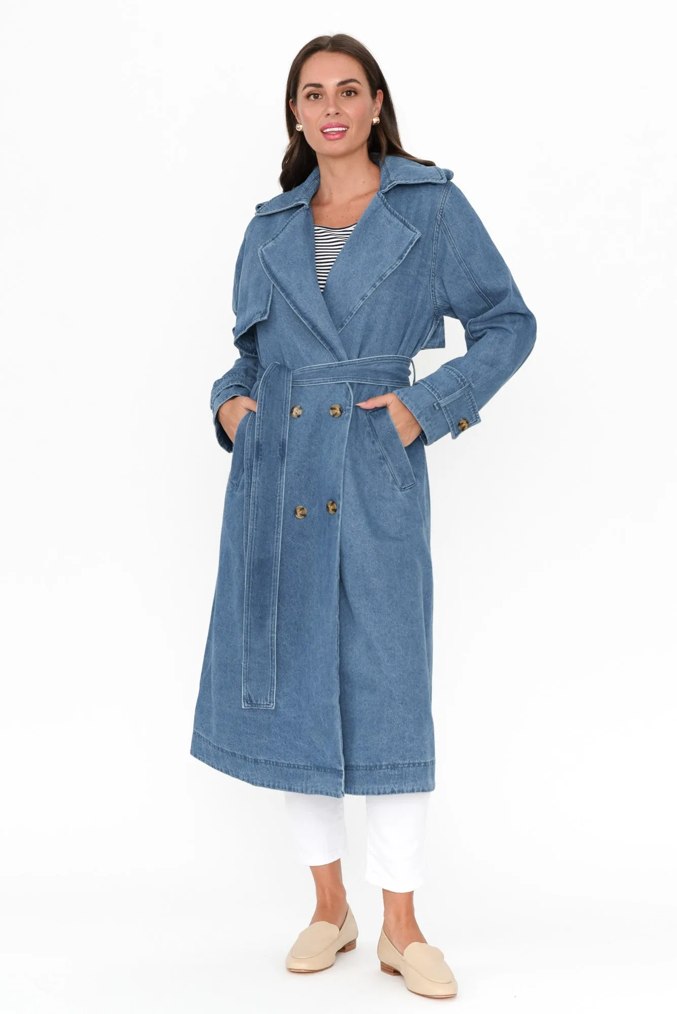 Elsie Mid Blue Denim Trench Coat