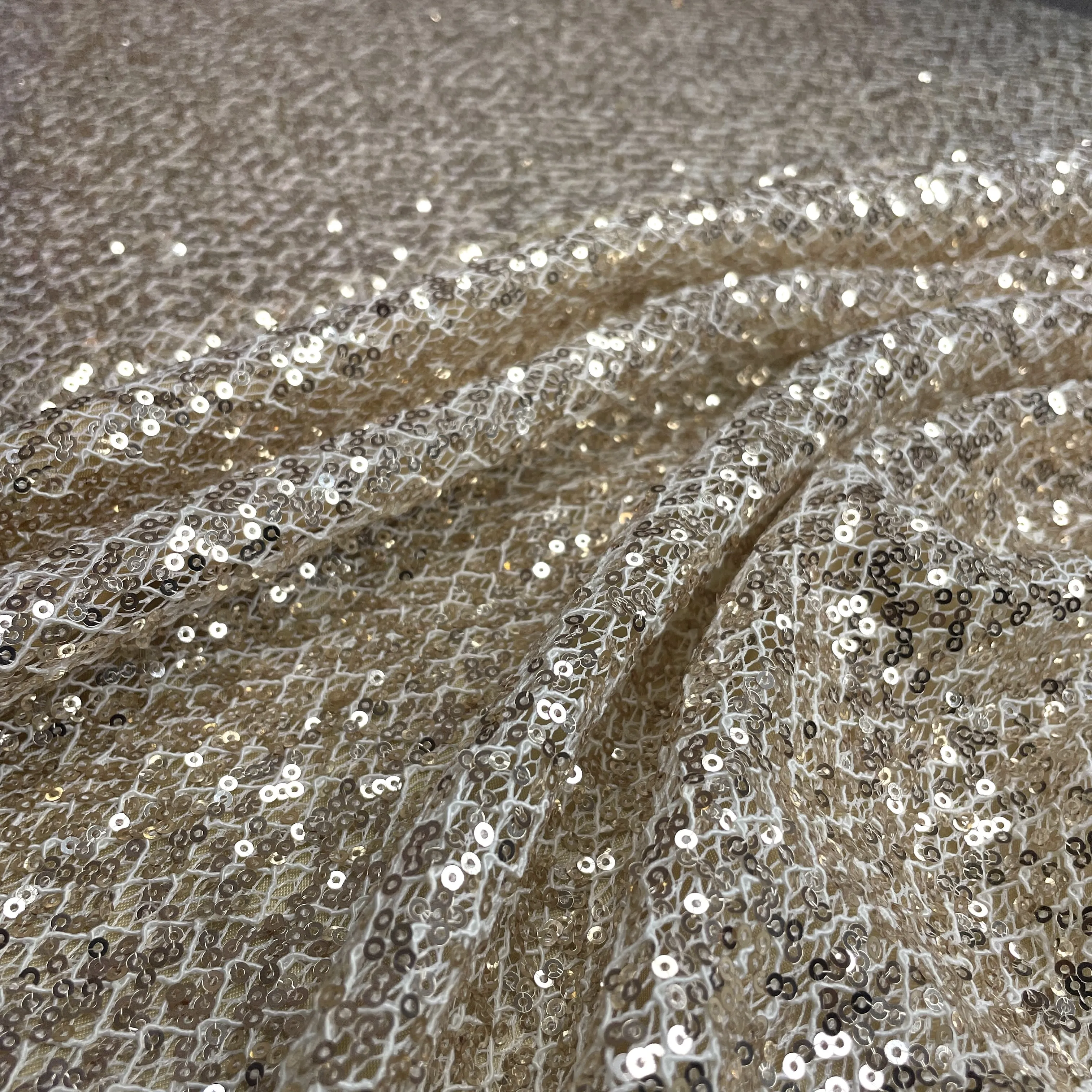 Exclusive Cream Heavy Sequins Embroidery Power Net Fabric