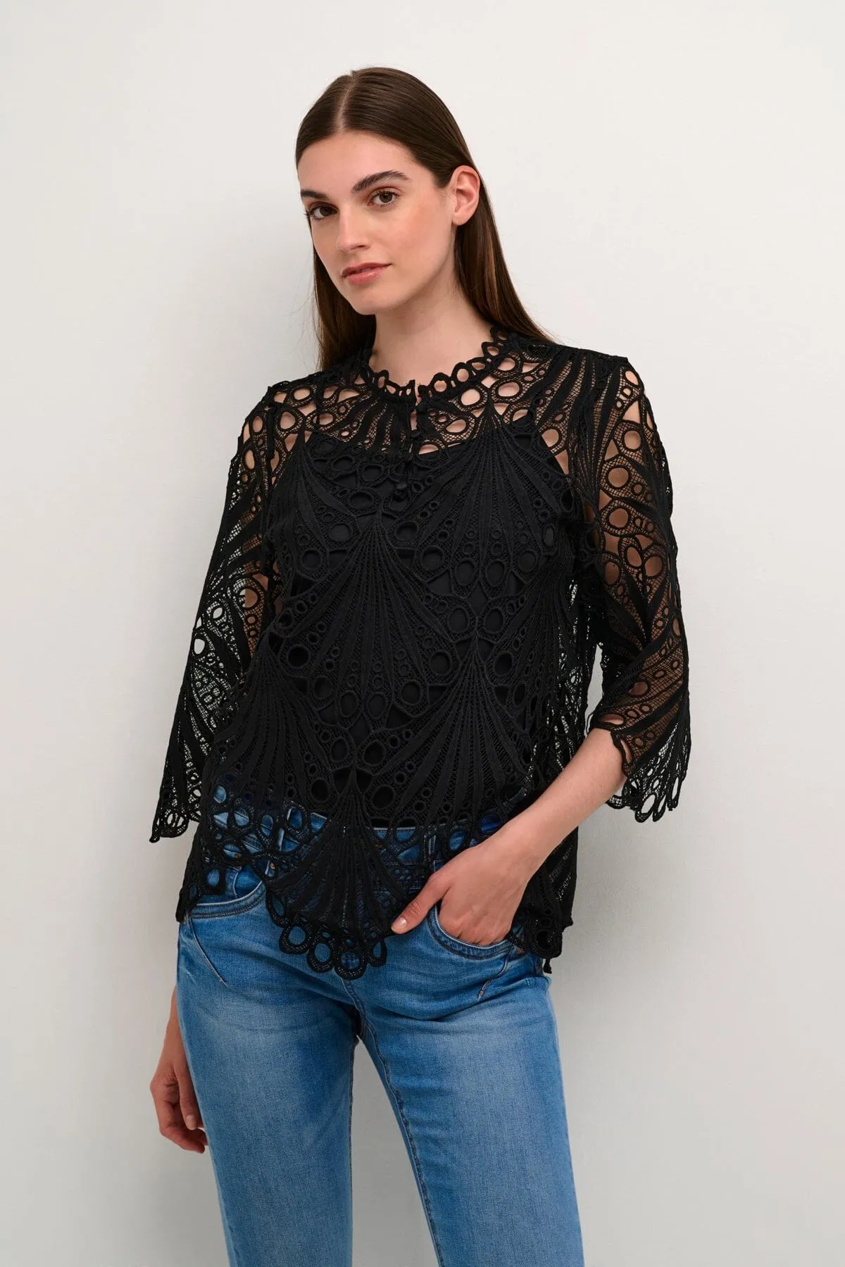 FEMININE BLACK LACE LINED SHIRT