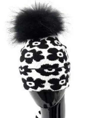 FLORAL PRINT FUR POM POM HAT