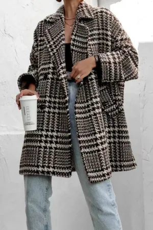 Houndstooth Collared Neck Long Sleeve Coat with Pockets