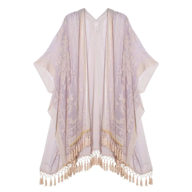 Lida- the 1920s Inspired Burnout Velvet Fringed Kimono 36 Colors and Styles