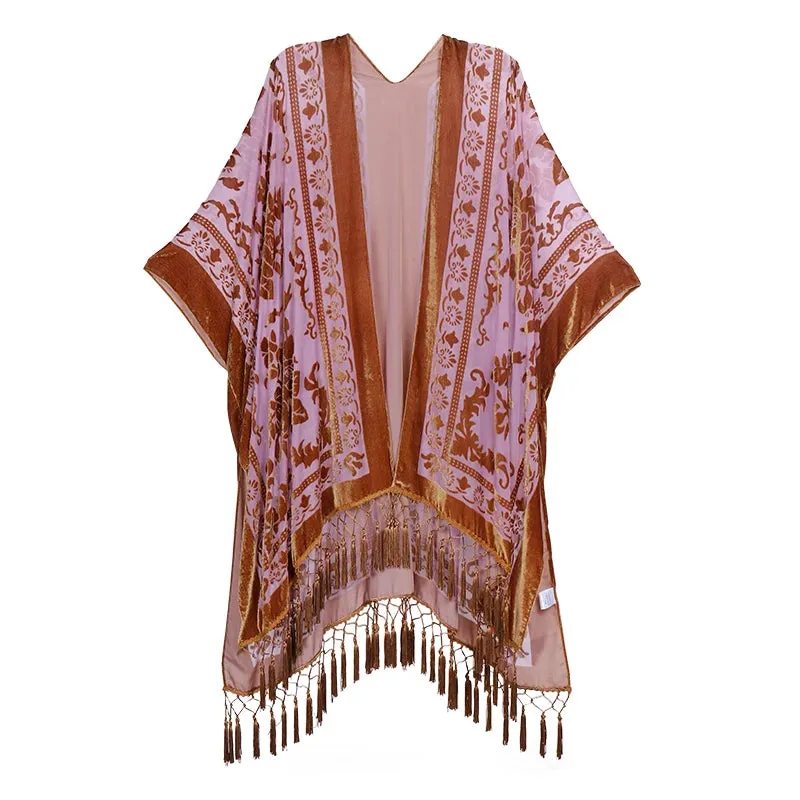 Lida- the 1920s Inspired Burnout Velvet Fringed Kimono 36 Colors and Styles