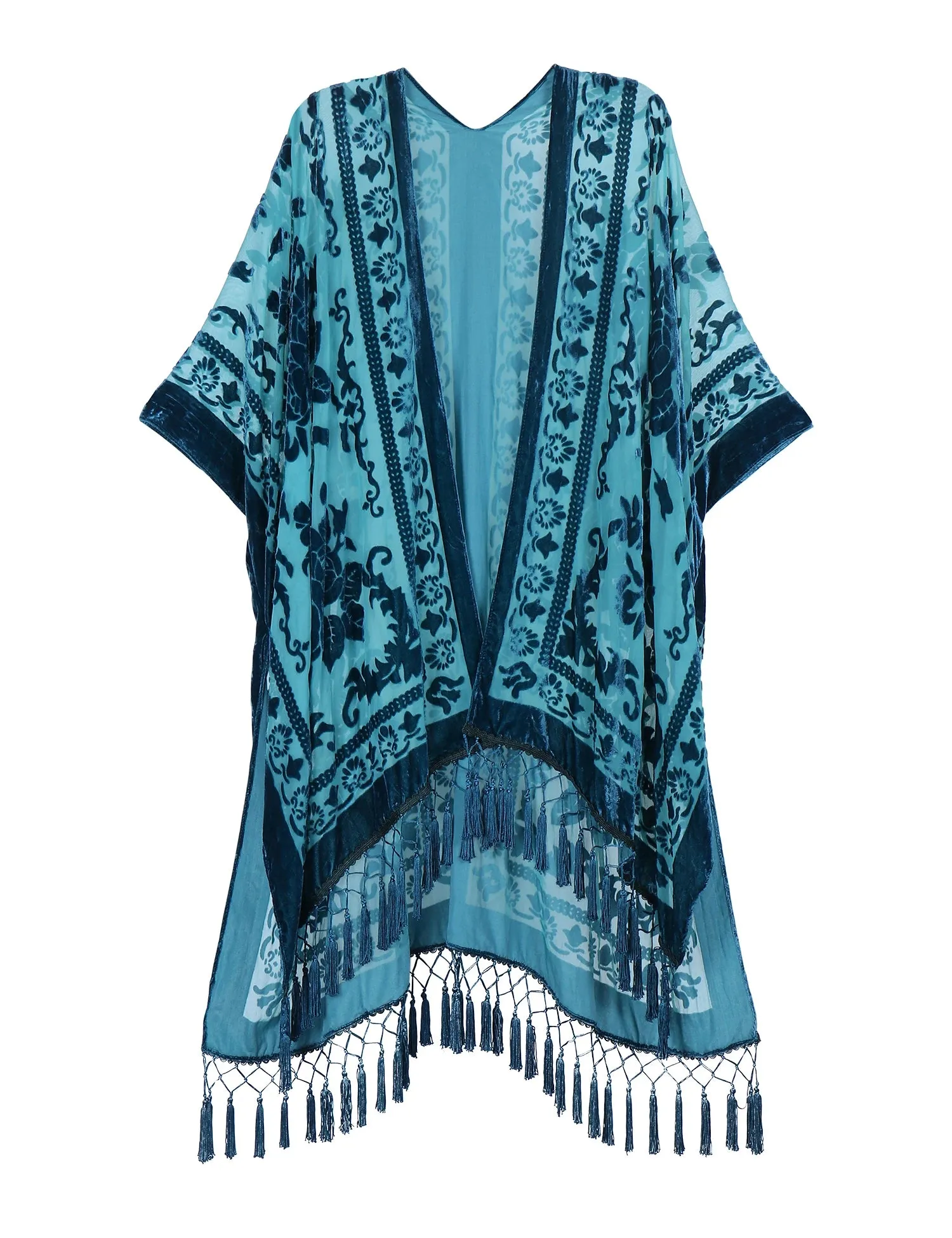 Lida- the 1920s Inspired Burnout Velvet Fringed Kimono 36 Colors and Styles