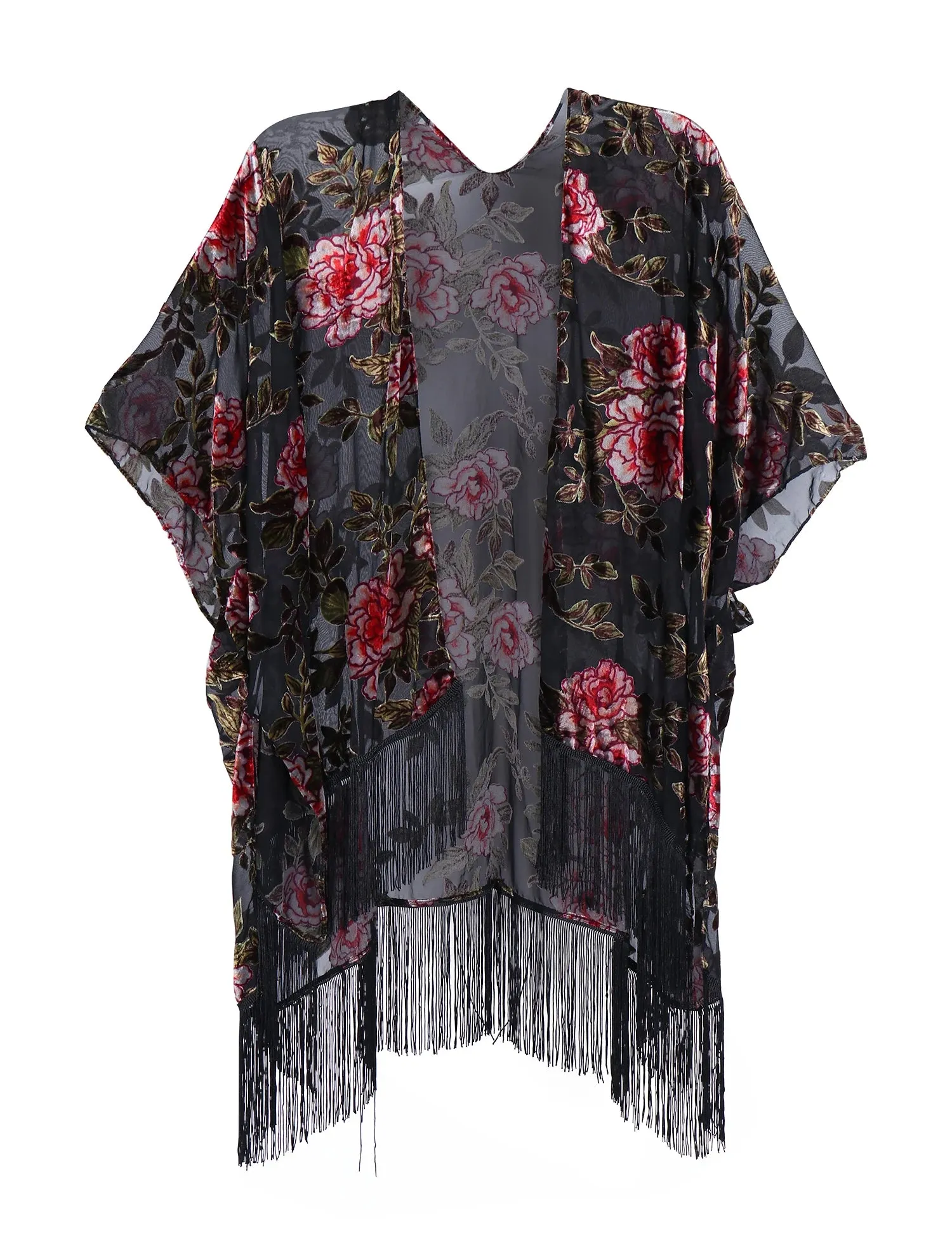 Lida- the 1920s Inspired Burnout Velvet Fringed Kimono 36 Colors and Styles