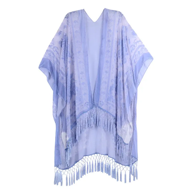 Lida- the 1920s Inspired Burnout Velvet Fringed Kimono 36 Colors and Styles