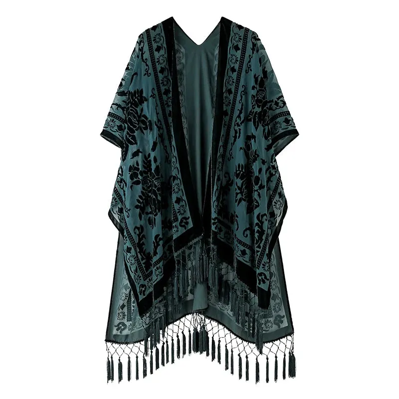 Lida- the 1920s Inspired Burnout Velvet Fringed Kimono 36 Colors and Styles