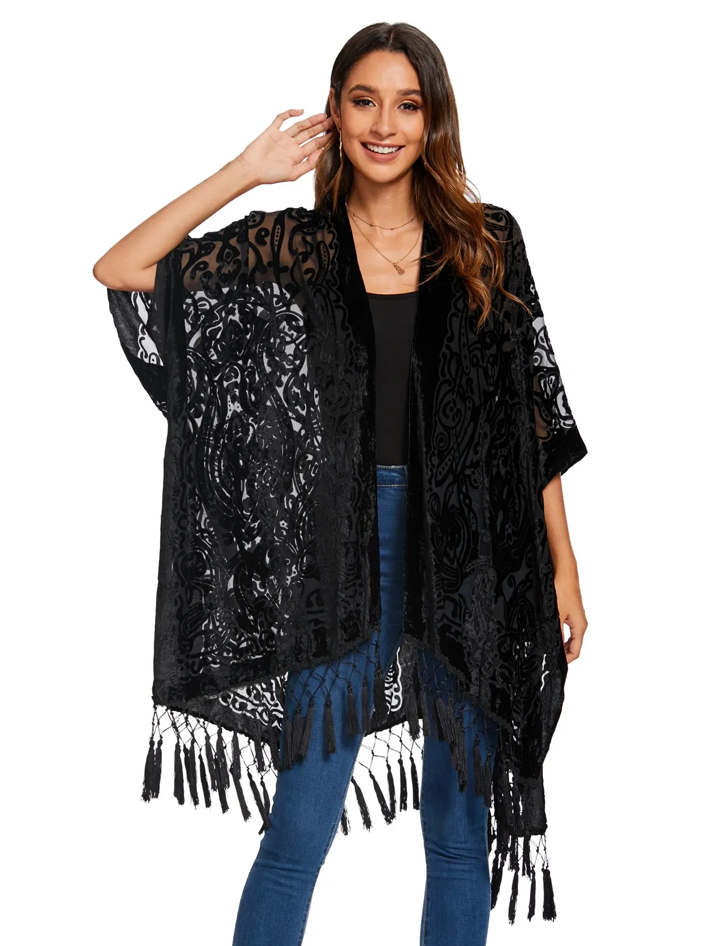 Lida- the 1920s Inspired Burnout Velvet Fringed Kimono 36 Colors and Styles