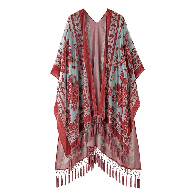 Lida- the 1920s Inspired Burnout Velvet Fringed Kimono 36 Colors and Styles