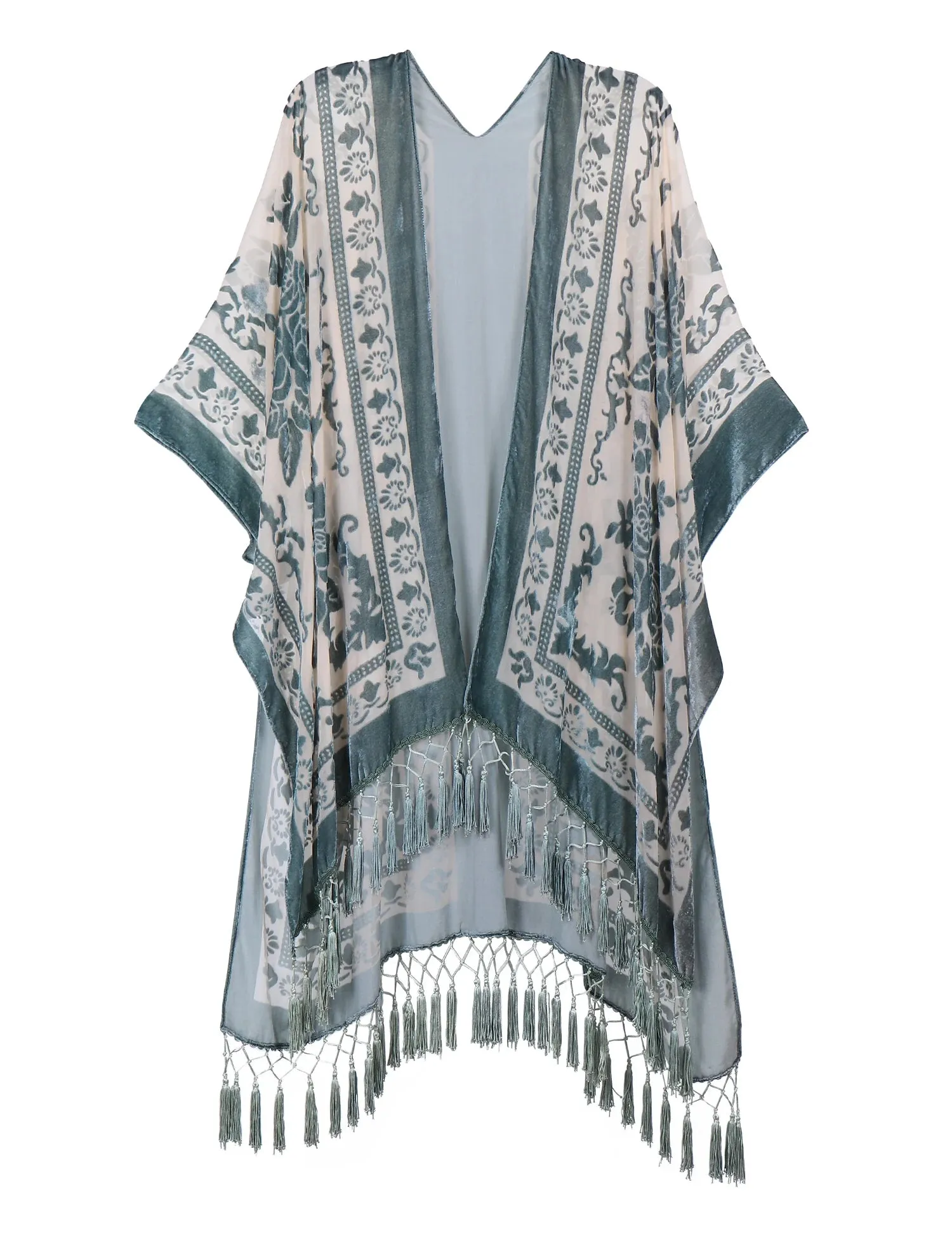 Lida- the 1920s Inspired Burnout Velvet Fringed Kimono 36 Colors and Styles