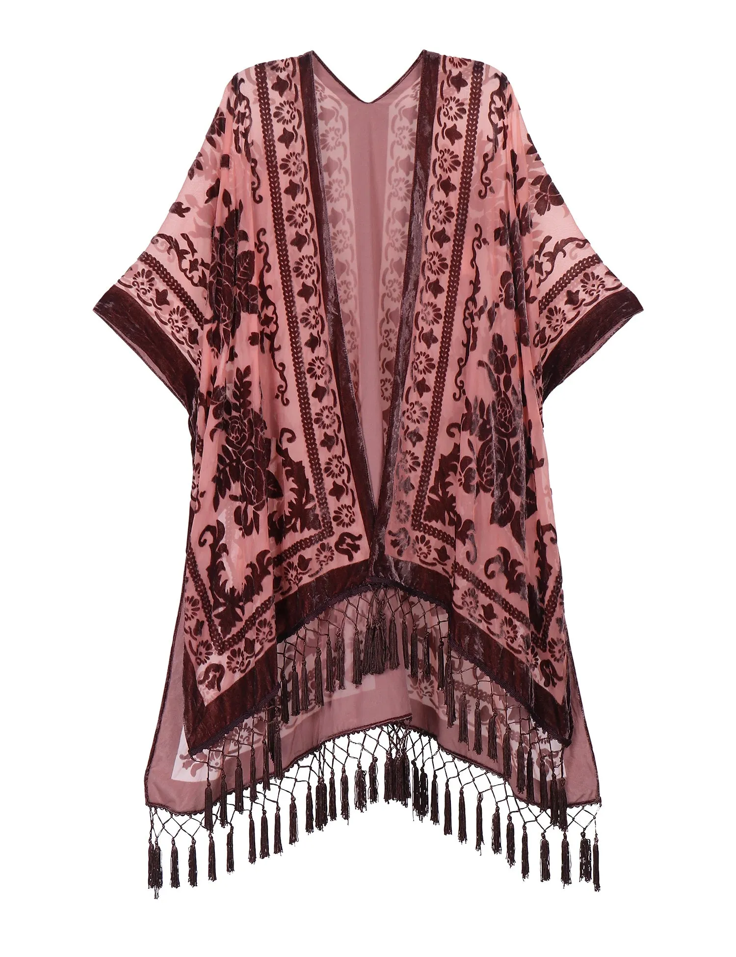 Lida- the 1920s Inspired Burnout Velvet Fringed Kimono 36 Colors and Styles