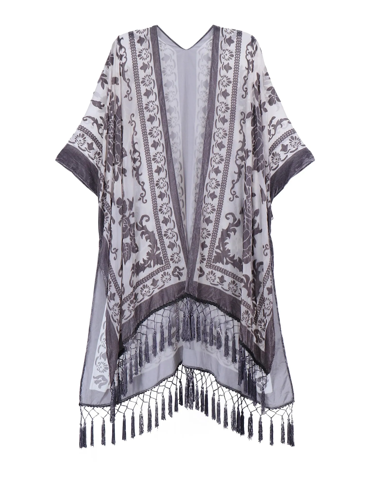 Lida- the 1920s Inspired Burnout Velvet Fringed Kimono 36 Colors and Styles