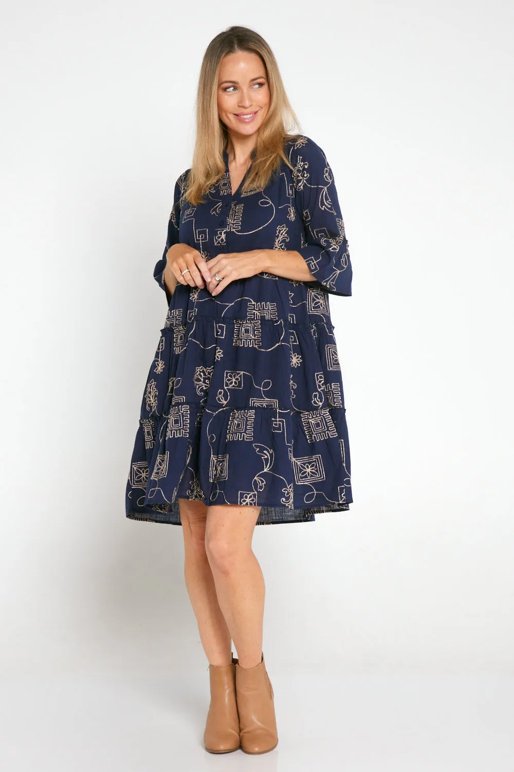 Mala Goldwork Cotton Dress - Navy