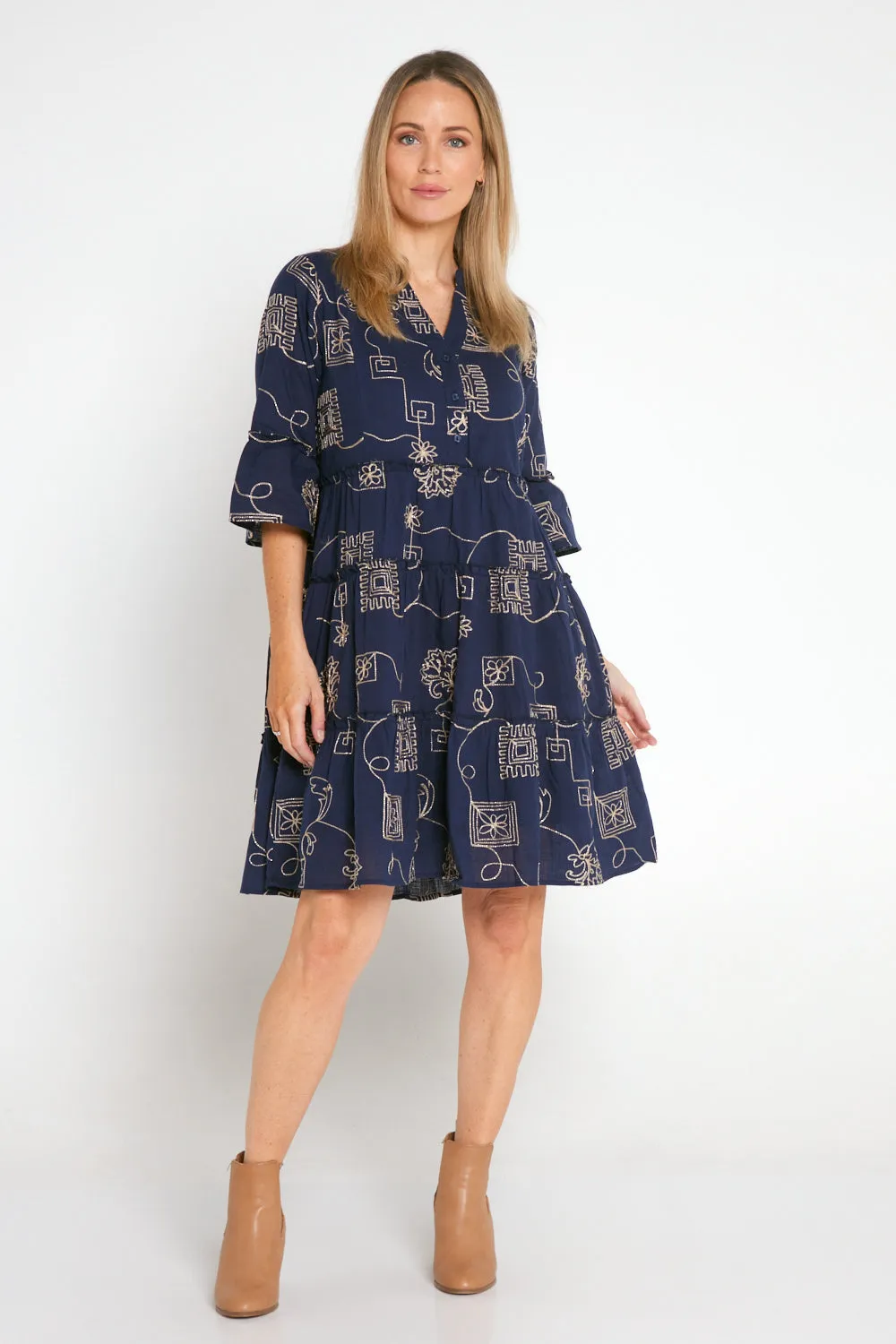 Mala Goldwork Cotton Dress - Navy