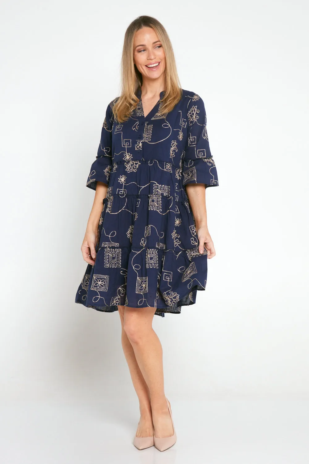 Mala Goldwork Cotton Dress - Navy