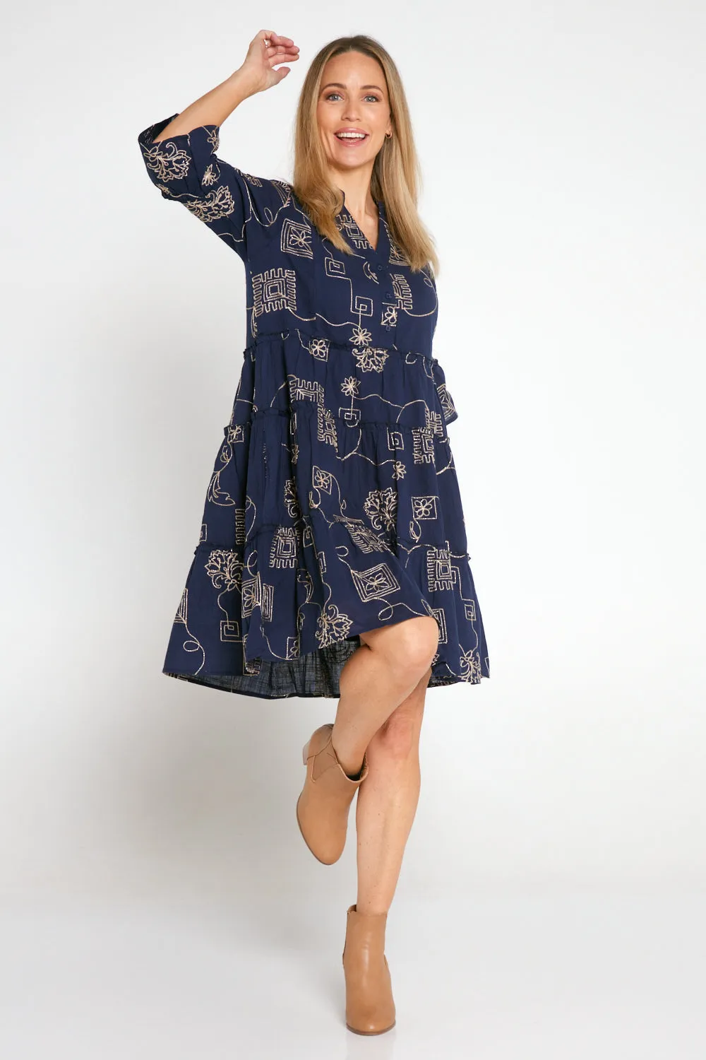 Mala Goldwork Cotton Dress - Navy