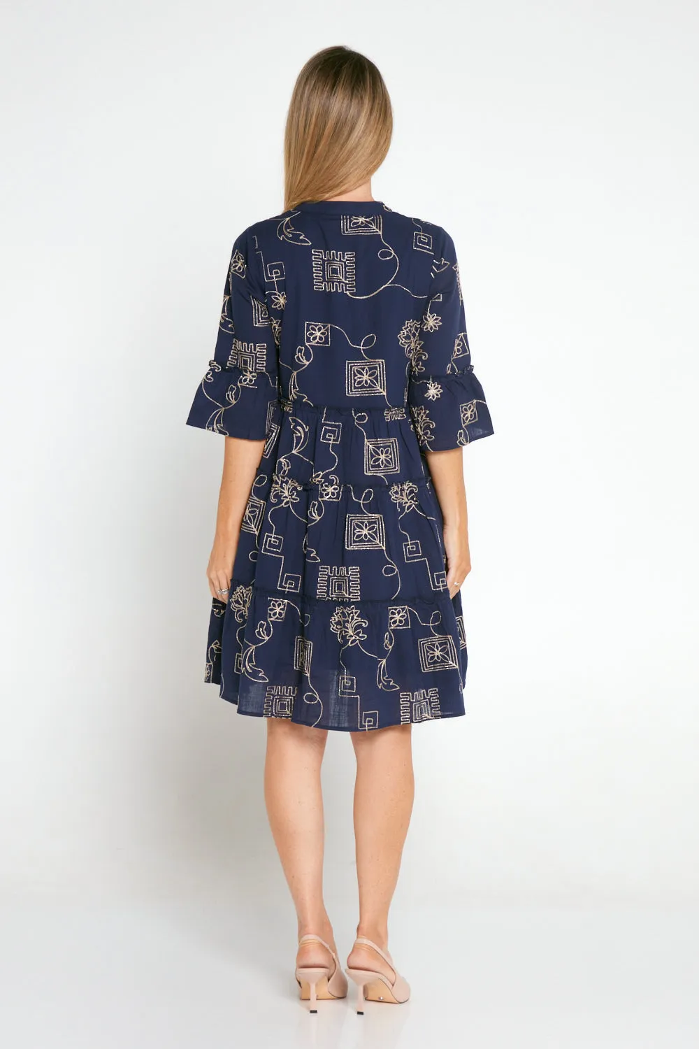 Mala Goldwork Cotton Dress - Navy